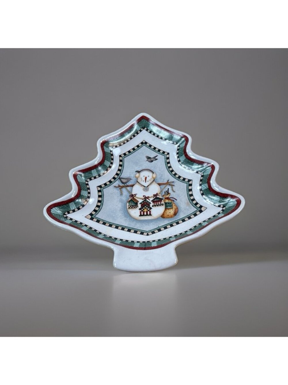 1998 Sakura Snowman Tree Dish Bowl Debbie Mumm 7” Candy Nuts Christmas Serveware